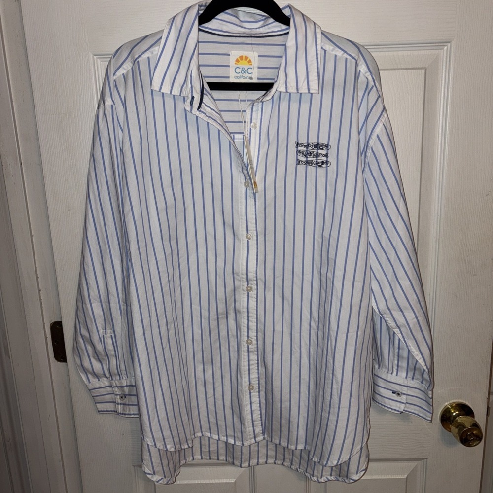NWT C&C California Alaina Oversized L Blue Stripe Shirt Sardine Fish Embroidered